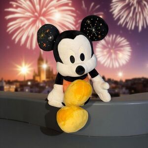 Disney Parks Mickey Mouse Plushie Stuffed Animal Holding 2023 Flag Pennant